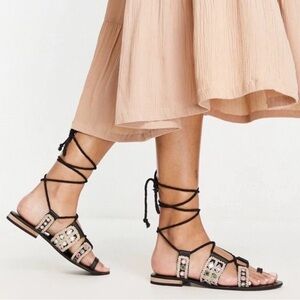 Free People Mantra Mirror Sandals Black Boho Gladiator Lace Up Sz Festival